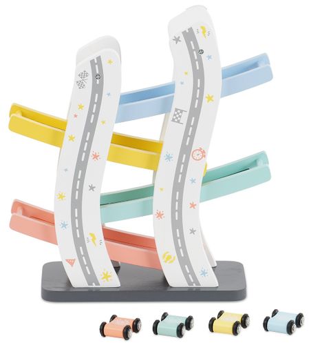 מסלול מכוניות במדרון מעץ + 4 מכוניות