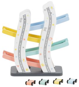 מסלול מכוניות במדרון מעץ + 4 מכוניות