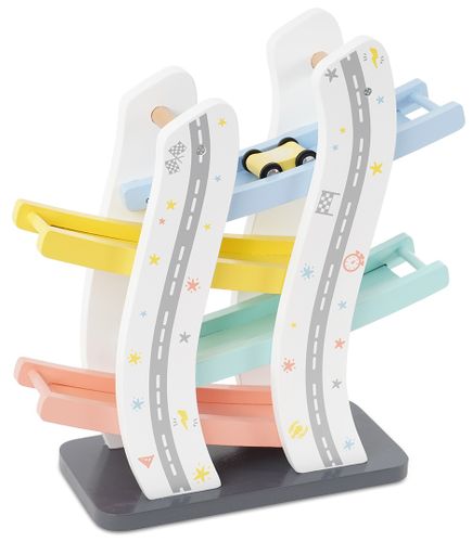 מסלול מכוניות במדרון מעץ + 4 מכוניות