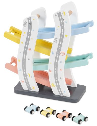 מסלול מכוניות במדרון מעץ + 4 מכוניות