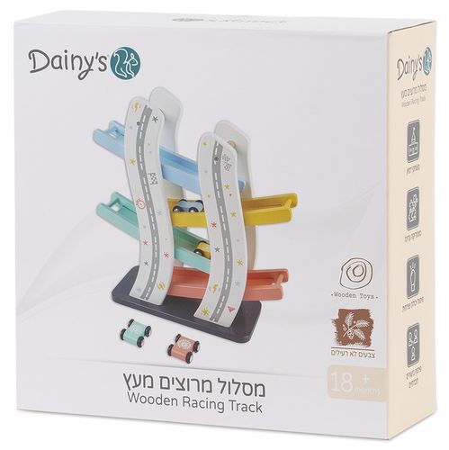 מסלול מכוניות במדרון מעץ + 4 מכוניות