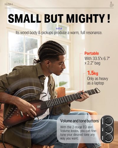 גיטרה שקטה אקוסטית מוגברת EC1783 בעיצוב חדשני HUSH I בצבע סאנברסט | גיטרה לטיולים מבית DONNER