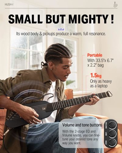 גיטרה שקטה EC1782 אקוסטית מוגברת בעיצוב חדשני HUSH I בצבע שחור | גיטרה לטיולים מבית DONNER