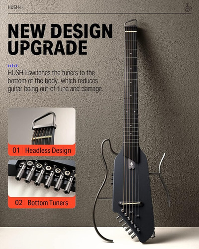 גיטרה שקטה EC1782 אקוסטית מוגברת בעיצוב חדשני HUSH I בצבע שחור | גיטרה לטיולים מבית DONNER