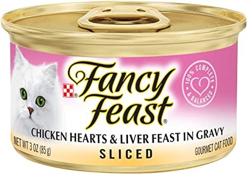 פנסי פיסט נתחי לבבות עוף וכבד Fancy Feast במשקל 85 גרם