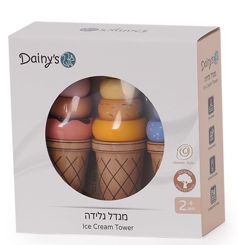 מגדל שלושה גבעי גלידה צבעוני מעץ 