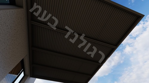 פרגולות אלומיניום יוקרתית : הייטק פרימיום ROYAL CROWN תלויה המשלבת כתר היקפי U 120*50 , הצללה במראה פסים והגנה בפני גשם