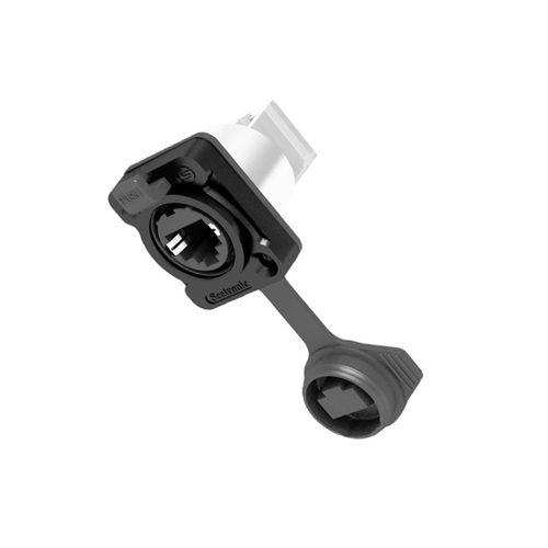 מחבר RJ45 שסי מוגן מים נקבה כולל נעילה כניסה 90°+ מכסה אבק שחור SEETRONIC SE8FDYH-61-B-NS