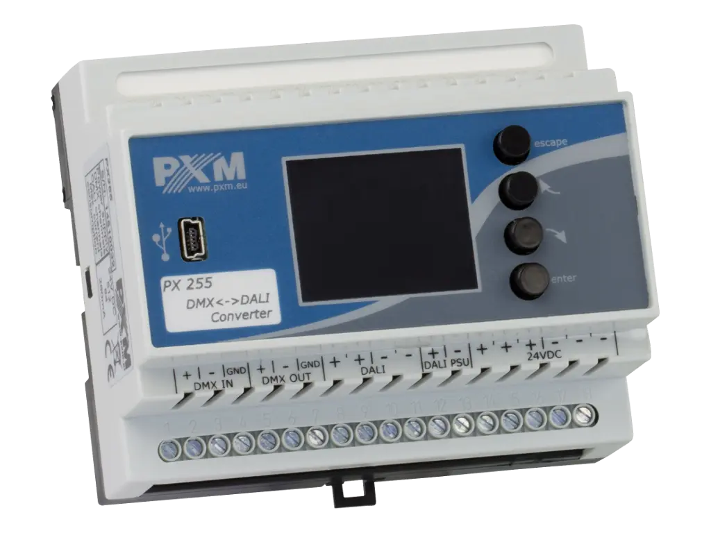 PXM PX255 ממיר DMX ל-DALI IN/OUT כולל ספק לקו DALI