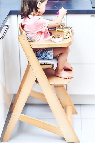 כיסא אוכל רב שלבי Modular עשוי עץ מלא עם מגש ורתמות - עץ טבעי