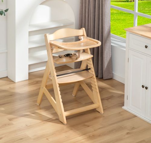 כיסא אוכל רב שלבי Modular עשוי עץ מלא עם מגש ורתמות - עץ טבעי