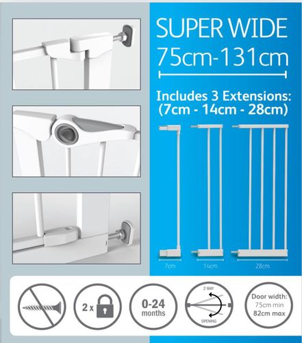 שער בטיחות 'ללא קדיחה' עם פס תחתי צר למניעת נפילות ומנגנון נעילה כפול לפתחים רחבים מאוד בגודל 75 עד 131 ס