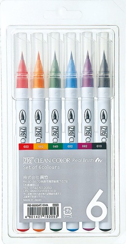ZIG clear real brush - טוש מכחול צבעי מים 6 גוונים