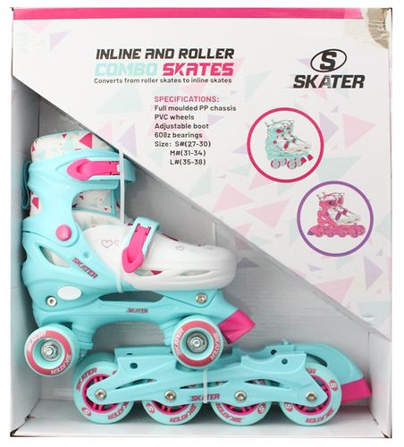 קומבו סקייט - סקיטים 2 ב 1 הופכים לרולר בליידס עם גלגלי PU מידה 27-30 - תכלת ורוד