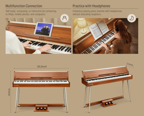 EC6677 פסנתר חשמלי DDP80PLUS בעיצוב Retro רטרו 88 קלידים שקולים בצבע חום מבית DONNER