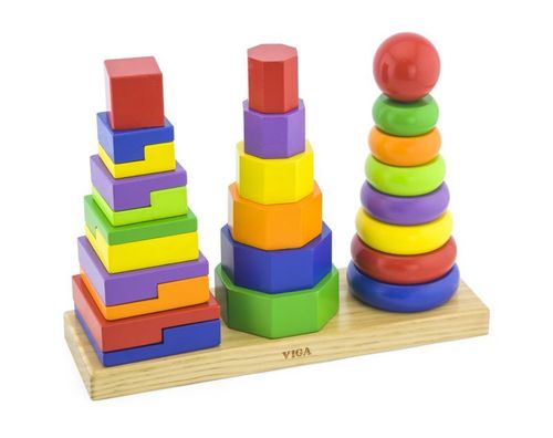 סט 3 מגדלי טבעות עץ צבעוני מרובע משושה ועגול 