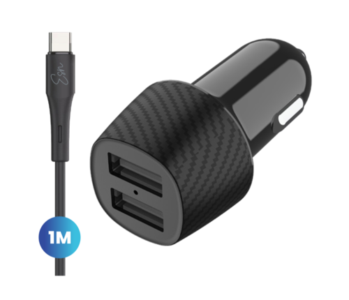 Essentials Dual 15W Car Charger + Type-C Cable - Black