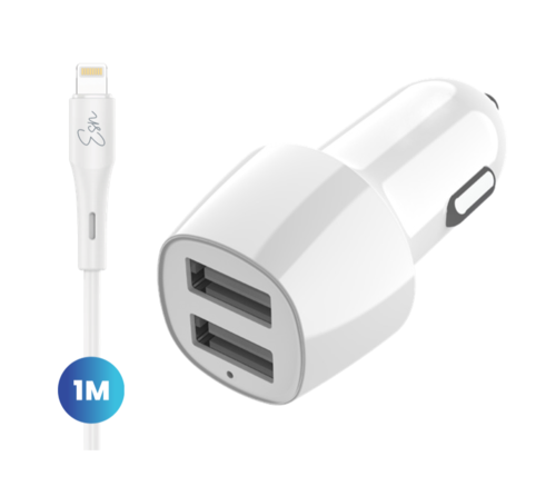 Essentials Dual 15W Car Charger + Lightning Cable - White