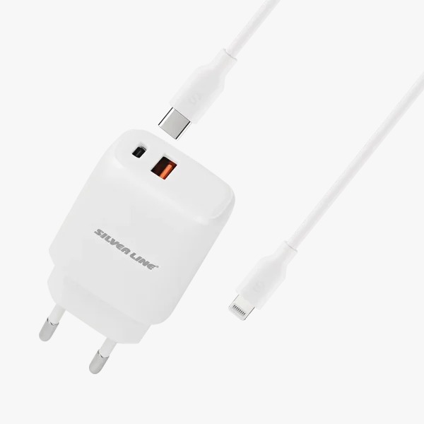 מטען קיר מהיר   SILVER LINE C TO LIGHTNING PD20W + QC3.0 18W לבן