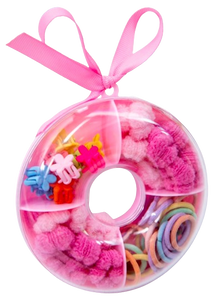 קופסאת דונאט עם 60 גומיות ומהדקי שיער צבעוניים