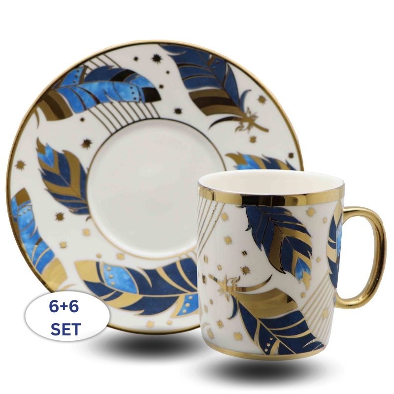 סט ספלים מוקה 6+6 "לבן עלה זהב" 025721 Y.C