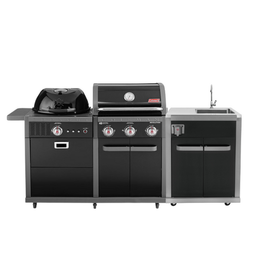 גריל גז קולמן רבולושן 3 מבערים משולב  גריל פחמים + יח' כיור + מקרר דלת זכוכית 