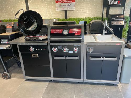 גריל גז קולמן רבולושן 3 מבערים משולב  גריל פחמים + יח' כיור + מקרר דלת זכוכית 