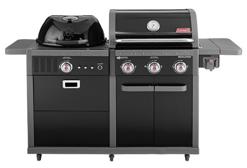 גריל גז קולמן רבולושן 3 מבערים משולב  גריל פחמים + יח' כיור + מקרר דלת זכוכית 