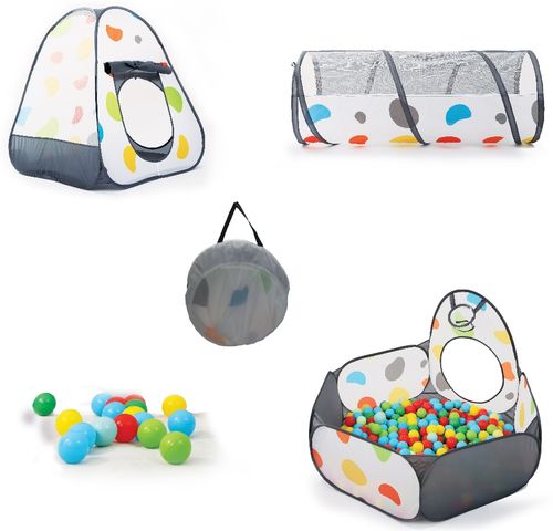 סט המשחקים המושלם - אוהל עם בריכת כדורים ומנהרת זחילה + 50 כדורים - אפור