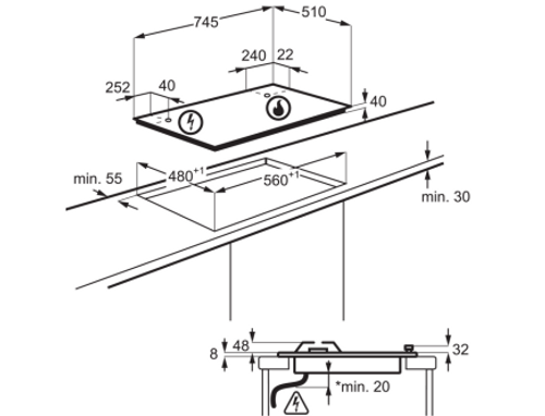 ‏כיריים גז 5 להבות נירוסטה AEG דגם HGB75520SM א.א.ג.