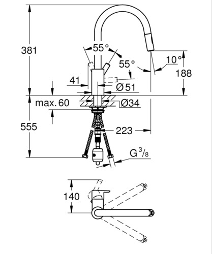 ברז מטבח נשלף MINTA QUICK FIX דגם C כרום ניקל GROHE 32321002  