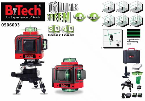 פלס לייזר (ירוק) 16 קווים 4D-XXX כולל אביזרים מבית B-TECH