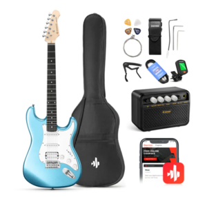 באנדל גיטרה חשמלית EC1168 בצבע כחול LAKE בוהק + קורס גיטרה אונליין + מגבר מיני + תיק + קאפו + רצועה + טיונר + כבל + מפרטים DST100 מבית DONNER