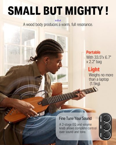 גיטרה שקטה אקוסטית מוגברת EC1781 בעיצוב חדשני HUSH I בצבע מהגוני | גיטרה לטיולים מבית DONNER