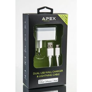 מטען קיר APX 264AP 3.4A עם שתי כניסות USB + כבל LIGHTNING Apex