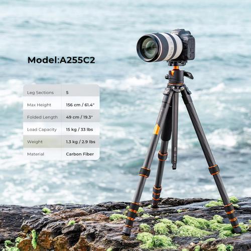 חצובת סיבי פחמן עם ראש כדורי - K&F Concept PRO Carbon Fiber Tripod & Monopod Kit A255C2 + BH-36L