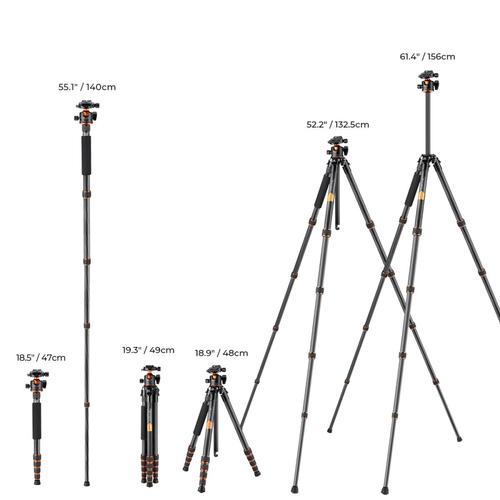 חצובת סיבי פחמן עם ראש כדורי - K&F Concept PRO Carbon Fiber Tripod & Monopod Kit A255C2 + BH-36L