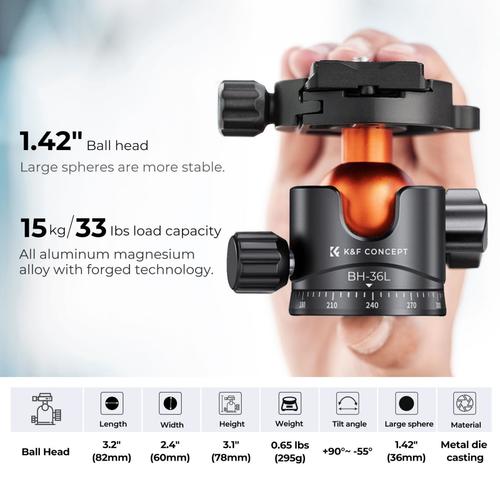 חצובת אלומיניום עם ראש כדורי - K&F Concept Aluminum Travel Tripod M1 + BH35L
