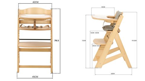 כיסא אוכל רב שלבי Modular עשוי עץ מלא עם מגש ורתמות - עץ טבעי