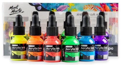  סט 6 דיו אקרלי FLUORO ACRYLIC INK (גוונים זוהרים)