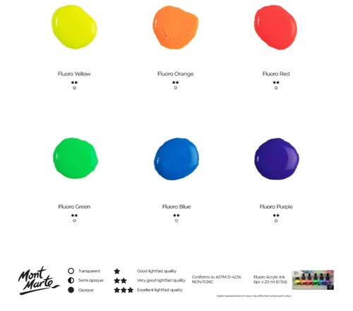  סט 6 דיו אקרלי FLUORO ACRYLIC INK (גוונים זוהרים)