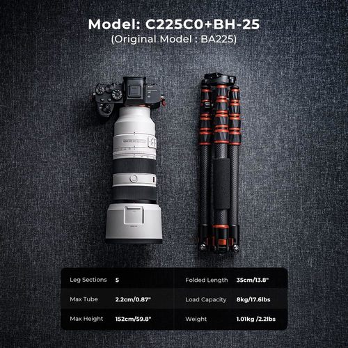 חצובת סיבי פחמן עם ראש כדורי - K&F Concept BA225 Professional Carbon Fiber Tripod C225C0 + BH-25