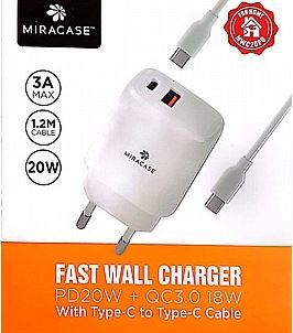 מטען קיר דגם 18W+20W כבל MIRACASE MWC20 TYPE C TO TYPE C  