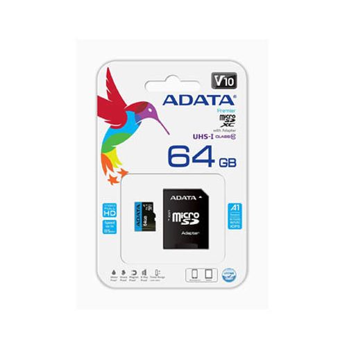 כרטיס זיכרון מיקרו ADATA MICROSDHC 64GB AUSDX64GUICL10A1-RA1