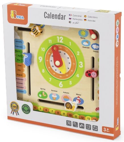 לוח שנה רב פעילויות מעץ עם שעון, הכרת חודשי השנה, עונות, ימות השבוע, מזג אויר ועוד (כיתוב באנגלית)