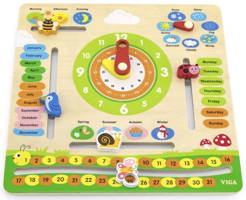 לוח שנה רב פעילויות מעץ עם שעון, הכרת חודשי השנה, עונות, ימות השבוע, מזג אויר ועוד (כיתוב באנגלית)