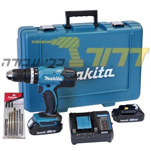 מברגה רוטטת נטענת + 2 סוללות 18V 1.5AH + מטען + סט 10 מקדחים וביטים DHP453Y001