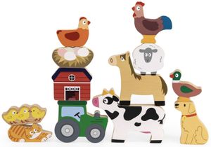 מגדל קוביות נערם מעץ מלא עם 12 חיות החווה, אסם וטרקטור בתיק נשיאה רב פעמי