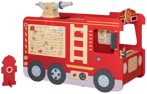 כבאית ענקית עם זרנוק מים, צינור, סולם, מטף, ברז כיבוי ומגוון פעילויות, אביזרים, אורות וצלילים