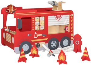 כבאית ענקית עם זרנוק מים, צינור, סולם, מטף, ברז כיבוי ומגוון פעילויות, אביזרים, אורות וצלילים